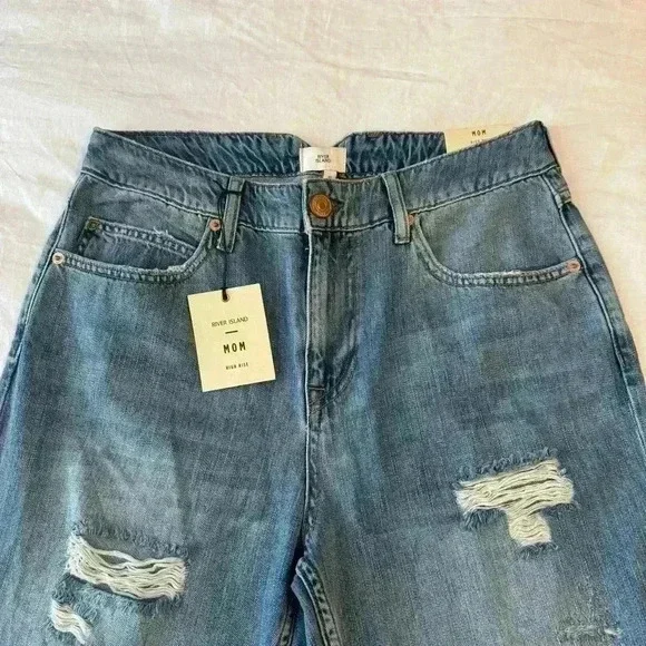 River Island women’s high rise mom jeans 10R distressed NWT pants slouchy ripped - Picture 3 of 11